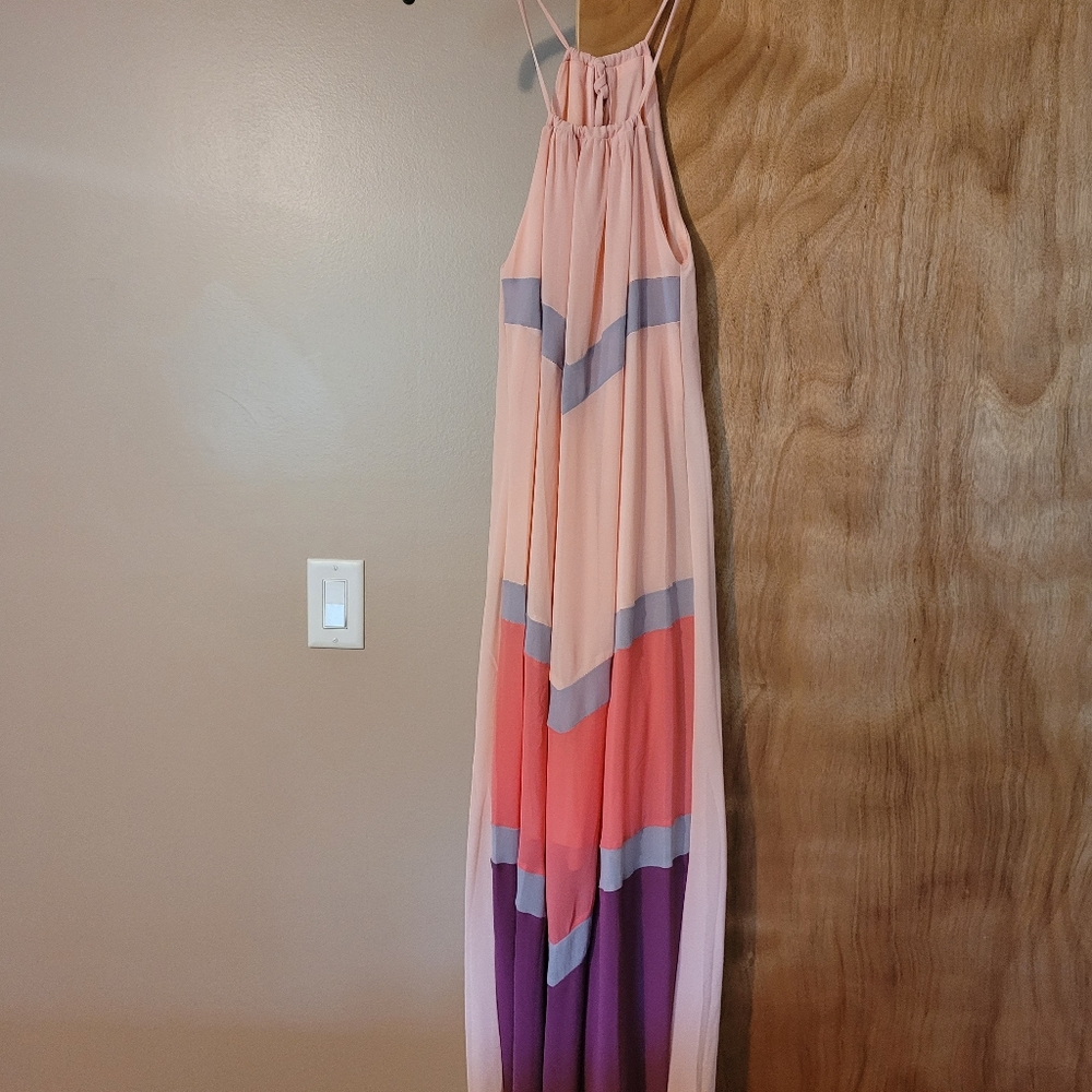 Women's Chiffon Halter Striped Color Patchwork Pleated Back Hollow Out Maxi Long